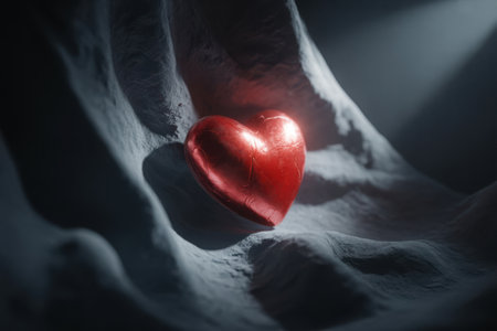 A striking AI-generated image captures a vibrant red heart, symbolizing love and passion. The heart is held delicately by hands, bathed in dramatic light and shadow, creating a visually captivating scene.の素材