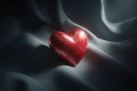 A visually captivating image featuring a vibrant red heart presented with exquisite, softly draped fabric. The interplay of light and shadow creates a sense of depth and emotion, making it ideal for artistic or symbolic use.の素材