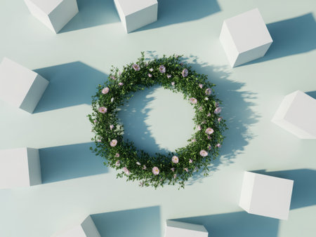 A beautifully decorated Christmas wreath with sparkling lights sits at the center, encircled by elegantly arranged gift boxes, evoking a sense of holiday joy and anticipation.の素材