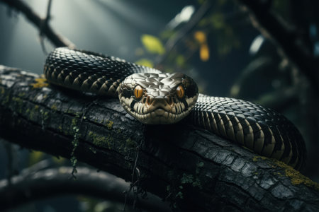 A detailed low-angle view captures a large, dark snake coiled on a tree branch. Its scales are distinct, and the surrounding lush green foliage creates a natural, wild habitat.の素材
