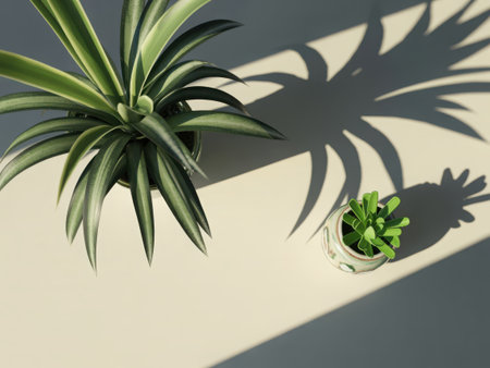 Observe the interplay of light and shadow as bright sunlight illuminates two distinct houseplants. The sharp, geometric shadows create a contemporary and artistic composition, bringing nature indoors with dramatic flair.の素材