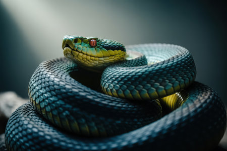 A dramatic close-up captures the head of a coiled green snake. Its scales are sharply defined, and its eyes are alert, conveying a sense of raw power and ancient beauty.の素材