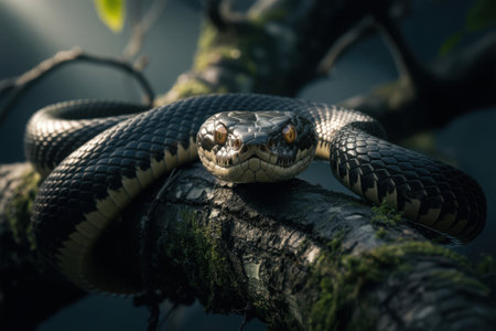 A dramatic close-up captures a large snake coiled tightly on tree branches. Its scales and head are sharply defined against a backdrop of blurred green leaves, creating a sense of natural wonder and slight apprehension.の素材