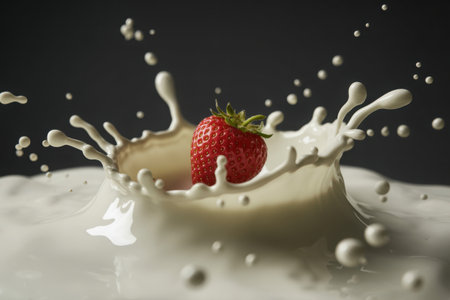 A vibrant red strawberry dramatically splashes into creamy liquid, creating an explosion of droplets and frothy waves. This high-speed capture freezes a moment of pure culinary delight and visual energy.の素材