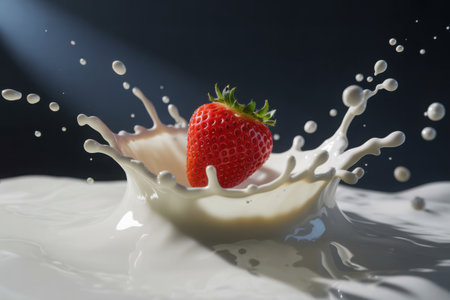 A vibrant red strawberry is captured mid-air as it splashes into a pool of creamy white milk, creating a dynamic and refreshing scene with droplets suspended.の素材