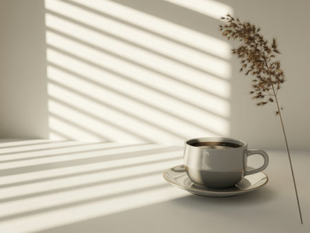 A serene still life captures the quiet beauty of morning. Soft sunlight filters through blinds, creating elegant striped patterns across the wall and table where a cup of coffee rests near a dried flower.の素材