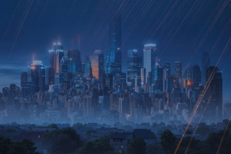 An AI-generated masterpiece depicting a surreal and futuristic cityscape enveloped in a dreamlike atmosphere. The city appears to float, illuminated by the fading light of dusk, creating a sense of mystery and wonder.の素材