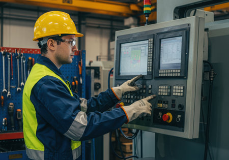 A factory worker wearing a yellow helmet is operating a machine control panel, showcasing the precision and expertise required in modern manufacturing settings.の素材