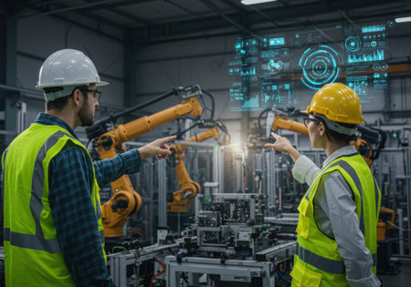 Two engineers are pointing at robotic arms with a futuristic hologram in a factory. They are wearing helmets and safety vests. They are in a factory.の素材