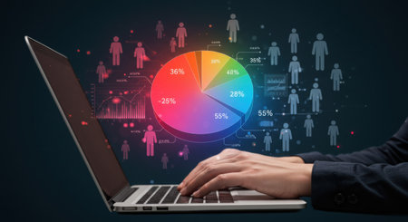 A person is using a laptop for data analysis and business planning. A pie chart is displayed on the screen, representing market share and customer segmentation.の素材