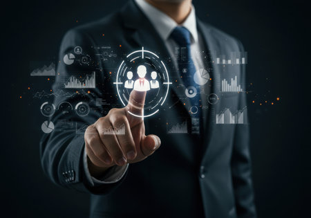 A professional is interacting with a virtual interface, featuring a team icon within a target and data charts, representing modern business and technology.の素材
