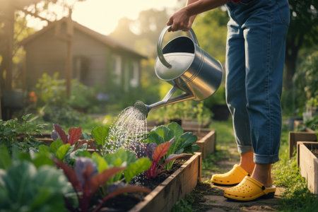 A person waters vibrant plants in a sun-drenched organic garden. This detailed image captures the essence of nature, growth, and peaceful outdoor activity, evoking a sense of natural beauty.の素材