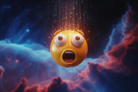 A hyperrealistic depiction of a wide-eyed surprised emoji plummeting through a vibrant, swirling nebula. Streaks of light and fiery particles trail behind the emoji, creating a sense of dramatic descent.の素材