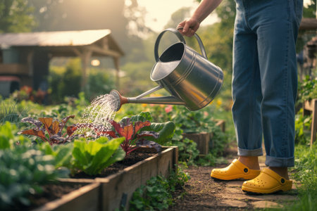 A person wearing yellow boots waters vibrant plants in a sun-drenched garden. The scene captures the essence of nurturing nature with soft sunlight and greenery.の素材