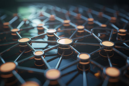 A highly detailed, AI-generated image depicting a complex network of interconnected nodes. Glowing lights suggest data transfer and advanced technology in a futuristic abstract design.の素材