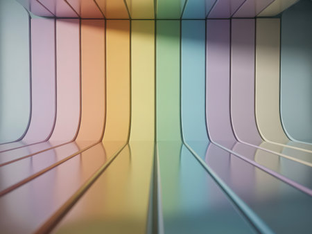 Immersive abstract scene with curving walls displaying a spectrum of soft pastel rainbow colors creating a unique and engaging visual backdrop for creative projects.の素材