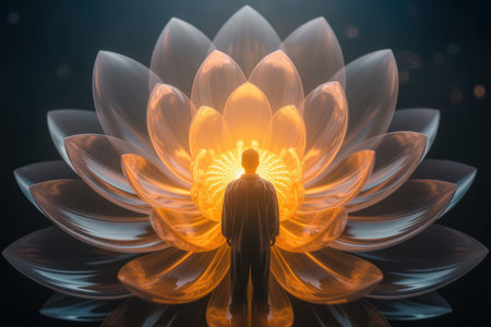 A silhouette figure stands within a radiant, translucent lotus flower. The bloom emanates a warm, golden light, suggesting spiritual awakening, tranquility, and profound inner discovery.の素材