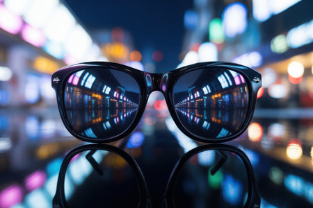 Close-up of dark sunglasses with their lenses mirroring a colorful, blurred cityscape at night. The bokeh effect of city lights creates a vibrant, atmospheric backdrop for the accessory.の素材