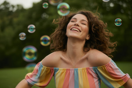 A radiant young woman with lush curly hair laughs with pure joy outdoors. Bubbles float around her, creating a whimsical and carefree atmosphere perfect for summer or childhood nostalgia.の素材