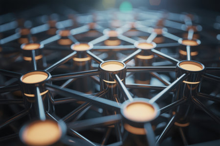 A highly detailed AI-generated image depicting an abstract, futuristic network. Interconnected nodes and lines suggest data flow and digital information exchange in a complex technological system.の素材