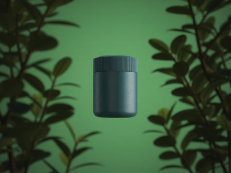 A sleek, dark green cylindrical object is presented centrally, framed by vibrant, out-of-focus green foliage. The image evokes a sense of natural product packaging or a sustainable design concept.の素材
