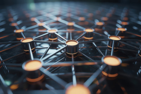Abstract representation of a complex interconnected digital network grid with luminous nodes and flowing data pathways. Evokes themes of technology, connectivity, and information transfer in a high-tech environment.の素材
