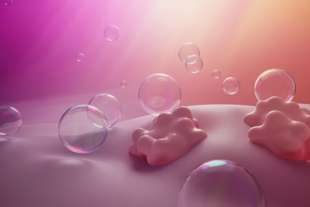 Experience a dreamy, abstract underwater scene. Soft pink and orange light filters through, illuminating amorphous forms and gentle reflections, creating a serene and beautiful atmosphere.の素材