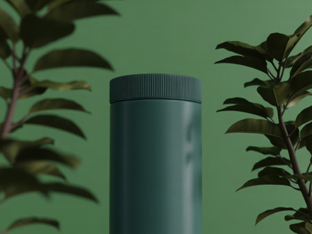 A sophisticated and minimalist scene featuring a dark gray bottle as the central focus, artfully framed by vibrant green leaves and plants. This image exudes modern elegance and natural beauty.の素材
