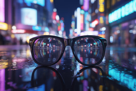 A close-up shot of dark sunglasses with their lenses reflecting the colorful and blurred neon lights of a bustling city at night creating a mesmerizing visual.の素材