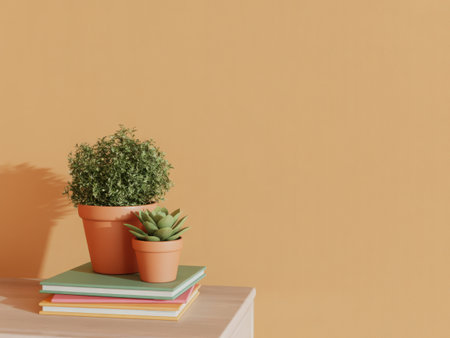 A serene home setting featuring two small potted plants atop a stack of colorful books, resting on a shelf. This image evokes a sense of tranquility and minimalist living.の素材