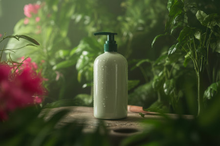 A serene scene featuring a modern white dispenser bottle, artfully placed amidst vibrant green foliage and delicate pink blossoms, evoking a sense of natural beauty and purity.の素材