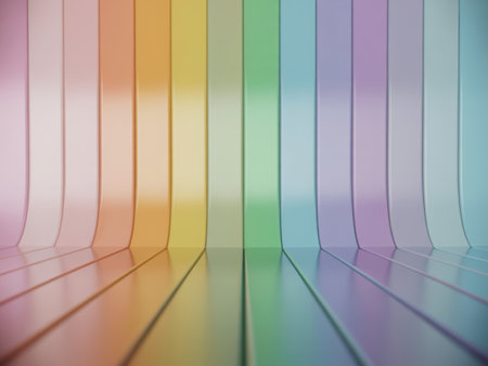 An abstract visual showcasing a series of gently curving, vertical panels arranged in a rainbow gradient. The soft pastel colors create a smooth, inviting, and textured surface.の素材