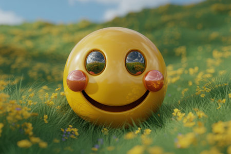 A vibrant and detailed 3D rendering of a classic yellow smiley face with rosy cheeks, set amidst a lush green field filled with small yellow flowers. Evokes feelings of joy and happiness.の素材