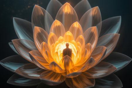 A solitary figure in silhouette finds peace and enlightenment within the radiant heart of a large, intricately detailed lotus flower, symbolizing spiritual awakening and inner tranquility.の素材