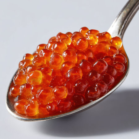 A close-up shot of glistening, bright red salmon roe, also known as ikura, piled high on a silver spoon.の素材