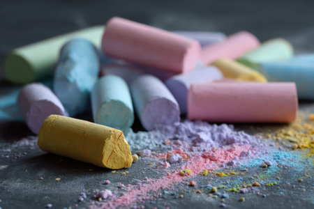 A pile of pastel colored chalk sticks and chalk dust is artfully arranged on a dark, textured background, creating a vibrant and artistic composition.の素材