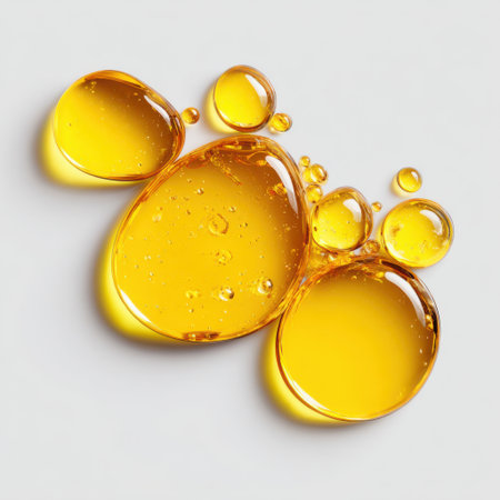 Close-up of viscous golden liquid droplets of various sizes and shapes, glistening and reflecting light on a clean white surface.の素材