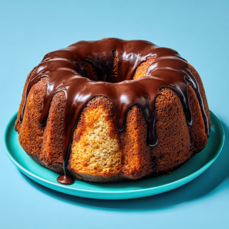 A moist, golden bundt cake with a rich chocolate glaze is presented on a vibrant teal plate against a bright blue background.の素材