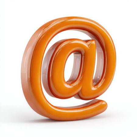 A shiny, three-dimensional orange at symbol with a glossy finish, isolated on a clean white background.の素材