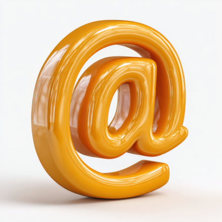 A shiny, three-dimensional orange at symbol with a glossy finish stands out against a clean white background.の素材
