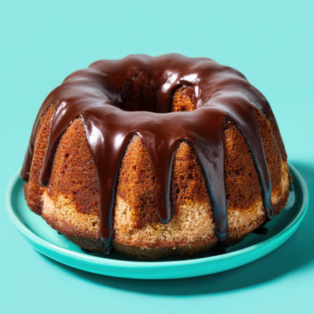 A moist bundt cake with rich chocolate glaze drizzled over its fluted sides, presented on a vibrant teal plate against a bright blue background.の素材