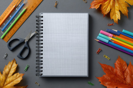 A top-down view of a spiral notebook surrounded by colorful pens, pencils, scissors, and autumn leaves, evoking a back-to-school theme.の素材