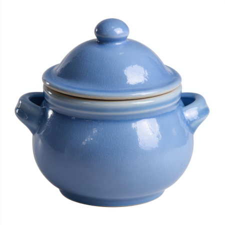 A light blue ceramic pot with a matching lid and two small handles on the sides. It has a rounded shape.の素材
