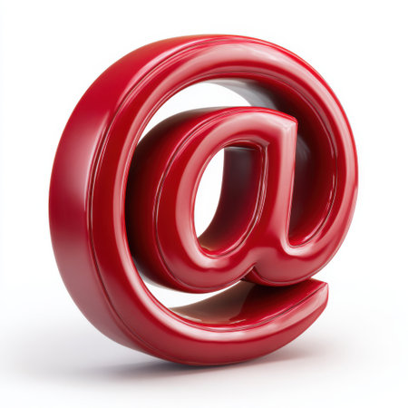 A glossy, three-dimensional red at symbol, often used for email addresses, is presented against a clean white backdrop.の素材