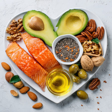 A heart-shaped plate displays a variety of healthy fats and omega-rich foods including salmon, avocado, nuts, olives, and olive oil.の素材