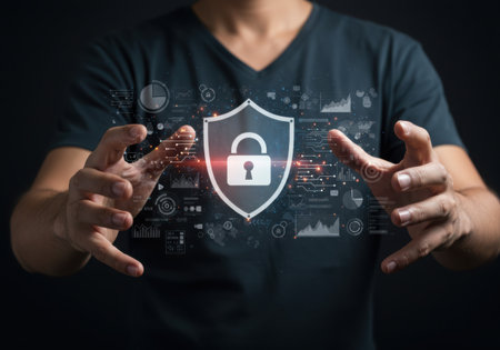 A person's hands are outstretched, presenting a glowing digital shield with a locked padlock, surrounded by abstract data and security icons.の素材
