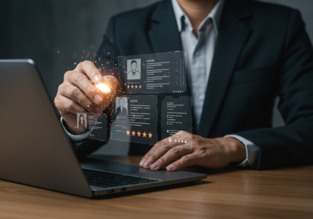 A man in a suit uses a stylus to interact with a glowing holographic display of data and charts projected above a laptop.の素材