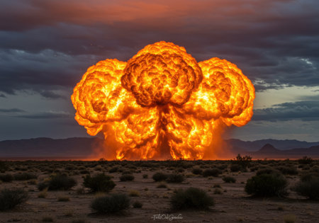 A colossal, intense fiery explosion creates a towering mushroom cloud against a dramatic twilight sky, dominating a barren desert terrain.の素材