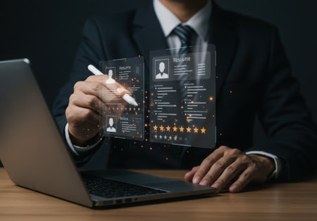 A person in a suit uses a stylus to interact with a glowing holographic interface showing charts and data, with a laptop in front.の素材