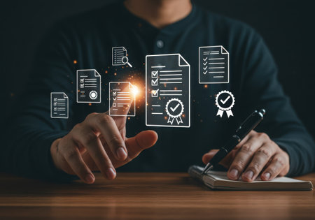 A person interacts with a holographic display of digital documents, showcasing modern data management and compliance processes.の素材